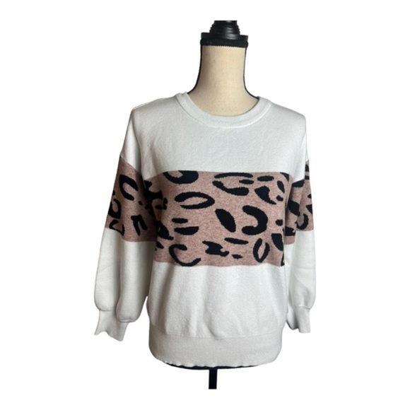 Women Long Sleeve leopard print contrast Crew Neck SweatShirt Size S - Picture 5 of 6
